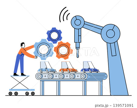 Worker holding gears by a robotic arm on a car assembly line vector illustration. Smart factory, automation, manufacturing, robotics, engineering, production. Mechanic with cogs near machine 139571091