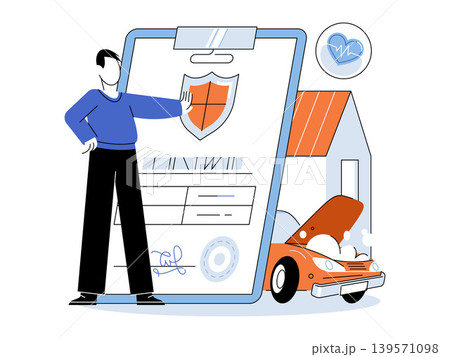 Man standing by a large insurance policy document vector illustration. Risk management, property protection, health coverage, vehicle safety, financial security, life assurance. Person posing Man standing by a large insurance policy document vector illustration. Risk management, property protection, health coverage, vehicle safety, financial security, life assurance. Person posing 139571098