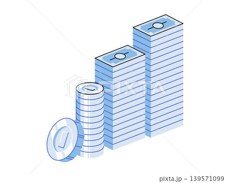 Stacks of banknotes and coins forming a rising chart vector illustration. Financial growth, investment, banking, wealth, profit, economic success. Piles of paper currency and metal change creating Stacks of banknotes and coins forming a rising chart vector illustration. Financial growth, investment, banking, wealth, profit, economic success. Piles of paper currency and metal change creating 139571099