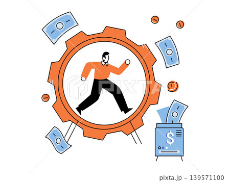 Businessman running inside a large gear wheel with money and safe vector illustration. Rat race, financial routine, wealth, treadmill, economy, productivity. Male character sprinting in cogwheel Businessman running inside a large gear wheel with money and safe vector illustration. Rat race, financial routine, wealth, treadmill, economy, productivity. Male character sprinting in cogwheel 139571100