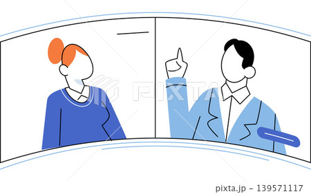 Woman and man having a video call on split screen vector illustration. Telehealth, remote work, online education, business meeting, legal advice, digital communication. Client and consultant talking Woman and man having a video call on split screen vector illustration. Telehealth, remote work, online education, business meeting, legal advice, digital communication. Client and consultant talking 139571117