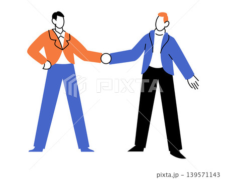 Two businessmen shaking hands vector illustration. Business partnership, corporate agreement, team collaboration, professional success, networking event, financial deal. Male partners greeting 139571143