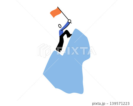 Person climbs a mountain peak holding a flag vector illustration. Business growth, career success, goal setting, leadership, motivation, overcoming obstacles. Reaching summit with banner Person climbs a mountain peak holding a flag vector illustration. Business growth, career success, goal setting, leadership, motivation, overcoming obstacles. Reaching summit with banner 139571223