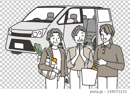 Illustration of a lifestyle support service that transports elderly people to and from shopping. Illustration of a lifestyle support service that transports elderly people to and from shopping. 139571233