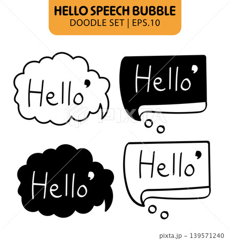 Hello Speech Bubble Doodle Set with Cloud and Square Chat Boxes.Vector Illustration Hello Speech Bubble Doodle Set with Cloud and Square Chat Boxes.Vector Illustration 139571240