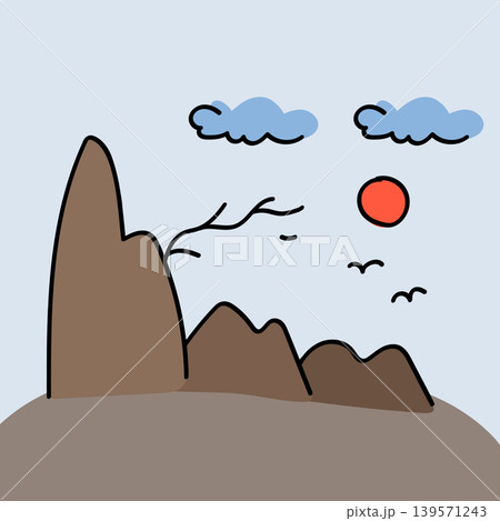 Chinese Hill Landscape and Sun Doodle Colorful Background.Vector Illustration 139571243