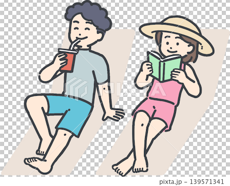 Young men and women in swimsuits relaxing on beach chairs. Young men and women in swimsuits relaxing on beach chairs. 139571341
