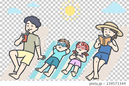 A family of four in swimsuits taking a break under the blue sky. A family of four in swimsuits taking a break under the blue sky. 139571344