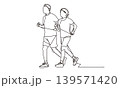 ジョギングをする男女の一筆書きの線画イラスト素材 139571420