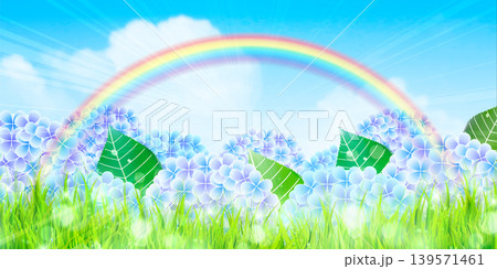 虹と紫陽花と緑の草の美しい風景 139571461