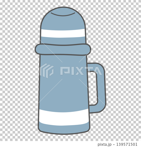 Water bottle illustration: Thermos, simple cooking/everyday item cutout, nuanced colors, transparent background PNG. 139571501