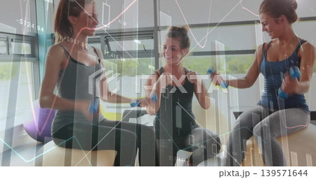 Sitting 3 women in gym wear on exercise balls holding weights by windows showing financial charts Sitting 3 women in gym wear on exercise balls holding weights by windows showing financial charts 139571644