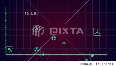 Displaying neon green 3D graph with nodes on tiled floor, showing cyan icon panels and 153 Displaying neon green 3D graph with nodes on tiled floor, showing cyan icon panels and 153 139571764
