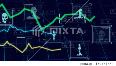 Displaying network analytics HUD centered on dark grid, showing profile frames, neon lines, icons Displaying network analytics HUD centered on dark grid, showing profile frames, neon lines, icons 139571771