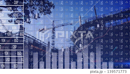 Displaying translucent market data overlay over skyline at site, with tower cranes and tickers 139571773