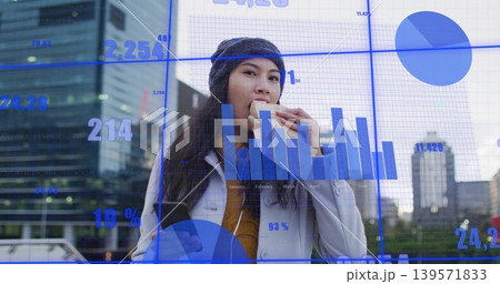 Biting sandwich, woman in knit beanie and coat checking smartphone in plaza, with finance charts Biting sandwich, woman in knit beanie and coat checking smartphone in plaza, with finance charts 139571833