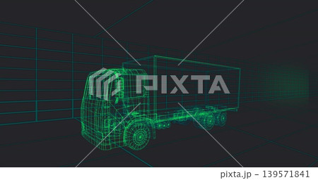 Displaying neon-green wireframe box truck showing chassis and wheels in CAD studio, grid guides Displaying neon-green wireframe box truck showing chassis and wheels in CAD studio, grid guides 139571841