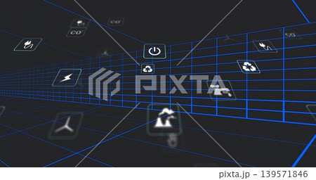 Glowing central neon-blue grid corridor drawing viewer into virtual 3D space, showing energy icons 139571846