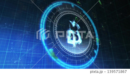 Glowing Bitcoin-like symbol hovering inside holographic HUD in virtual grid with concentric rings Glowing Bitcoin-like symbol hovering inside holographic HUD in virtual grid with concentric rings 139571867