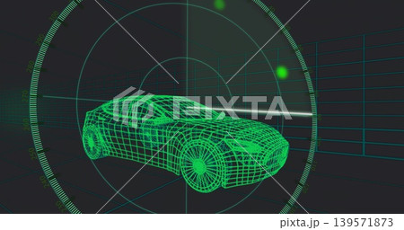 Displaying neon-green wireframe sedan rotating inside radar HUD over 3D grid with scan beam 139571873