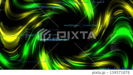 Swirling neon green,yellow ribbon vortex rotating on canvas, with black void, blue waveforms Swirling neon green,yellow ribbon vortex rotating on canvas, with black void, blue waveforms 139571878