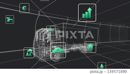 Displaying wireframe truck centered in curved grid tunnel, showing floating teal-green metric icons 139571890