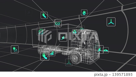 Displaying wireframe box truck floating inside virtual tunnel, showing grid floor, energy CO2 icons 139571893