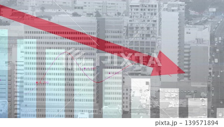 Displaying red diagonal arrow graphic crossing city center skyline, with teal bars and magenta line Displaying red diagonal arrow graphic crossing city center skyline, with teal bars and magenta line 139571894