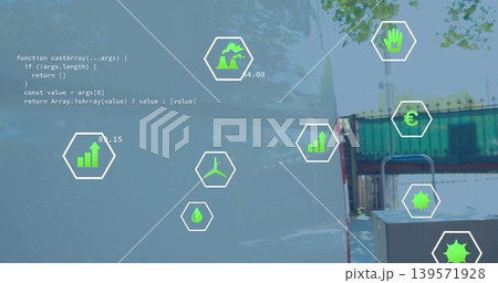 Displaying hexagonal environmental data icons and white code overlay over outdoor yard near fence Displaying hexagonal environmental data icons and white code overlay over outdoor yard near fence 139571928