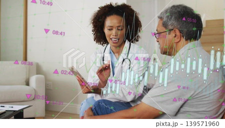 Explaining doctor in white coat and stethoscope, pointing tablet to senior on home sofa with charts Explaining doctor in white coat and stethoscope, pointing tablet to senior on home sofa with charts 139571960