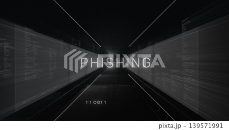Floating centered PHISHING word glowing above cyber corridor, with binary 110011 code panels Floating centered PHISHING word glowing above cyber corridor, with binary 110011 code panels 139571991