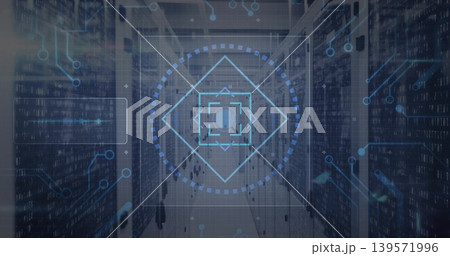 Projecting HUD target floating over datacenter aisle, showing server racks, LEDs 139571996