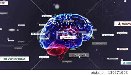 Showing 3D brain centered and rotating in digital space with data tags, badges, network and cursor Showing 3D brain centered and rotating in digital space with data tags, badges, network and cursor 139571998