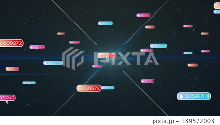 Glowing central label floating in dark starfield, displaying magnifying-glass icon and numeric ID Glowing central label floating in dark starfield, displaying magnifying-glass icon and numeric ID 139572003