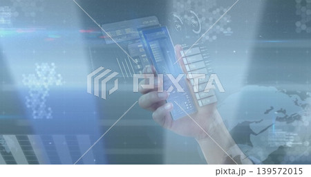 Holding human right hand displaying transparent smartphone in tech workspace, holographic panels Holding human right hand displaying transparent smartphone in tech workspace, holographic panels 139572015
