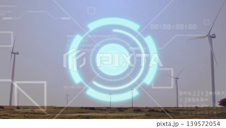 Projecting central cyan holographic HUD over wind farm grassland, with turbines, UI, binary text 139572054