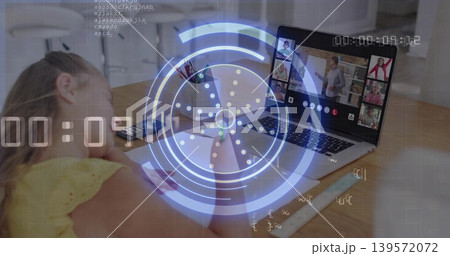 Studying child in yellow eyelet top leaning at kitchen table, viewing laptop, paper, ruler, HUD Studying child in yellow eyelet top leaning at kitchen table, viewing laptop, paper, ruler, HUD 139572072