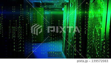 Glowing server racks showing cascading green binary overlay in data center, LEDs, vent, copy space 139572083