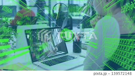 Watching worker focusing on laptop in modern office showing remote presenter in light blazer, AR UI Watching worker focusing on laptop in modern office showing remote presenter in light blazer, AR UI 139572148