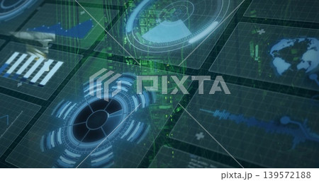 Showing large round blue HUD pulsing on virtual dash, panels, graphs, globe, green code-streams 139572188