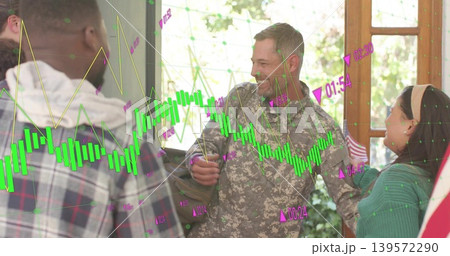 Arriving soldier in camo uniform with duffel greeting family at home, with flag and chart overlay Arriving soldier in camo uniform with duffel greeting family at home, with flag and chart overlay 139572290