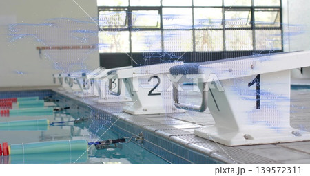 Showing white starting blocks numbered 1 and 2 at pool edge, reflecting turquoise lane floats Showing white starting blocks numbered 1 and 2 at pool edge, reflecting turquoise lane floats 139572311