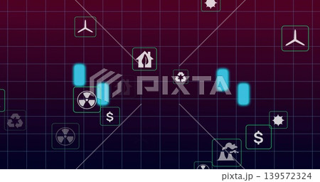 Displaying cyan glow bar cluster and teal energy icons on gridded dashboard, wind turbine visible 139572324