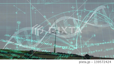 Towering wind turbine rotating over grassy ridge, showing DNA helix, network nodes, code Towering wind turbine rotating over grassy ridge, showing DNA helix, network nodes, code 139572424