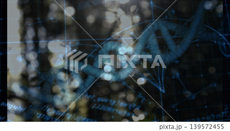 Glowing blue DNA helix spanning across blurred forest backdrop, showing grid, code fragments Glowing blue DNA helix spanning across blurred forest backdrop, showing grid, code fragments 139572455