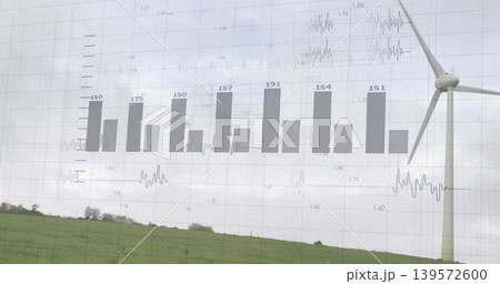 Overlaying transparent bar chart across cloudy sky above rural pasture, showing wind turbine tower 139572600