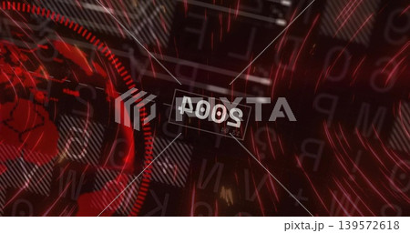 Displaying central label showing inverted '2004' in broadcast, with globe, radar ring, red streaks 139572618
