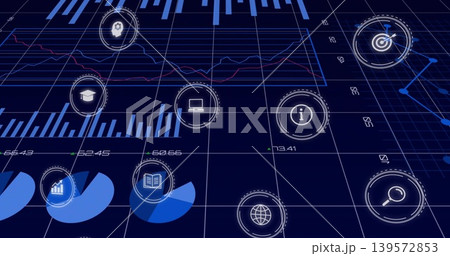 Showing digital analytics dashboard centered on virtual grid, with HUD icons, pie charts, graphs 139572853