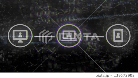 Highlighting central laptop icon glowing in virtual network with connecting lines, desktop and tab Highlighting central laptop icon glowing in virtual network with connecting lines, desktop and tab 139572908