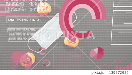 Displaying infographic showing medical face mask on dashboard, with pumpkins and pink charts 139572925
